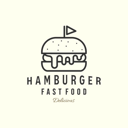 burger or hamburger with salad line art vector style logo icon template illustration design, fast food logo conceptのイラスト素材