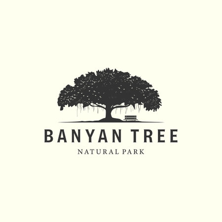 vector of banyan tree with vintage style logo design illustration, oak tree icon designのイラスト素材
