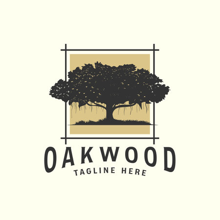 oak tree with vintage style logo vector design illustration, emblem banyan tree logo designのイラスト素材