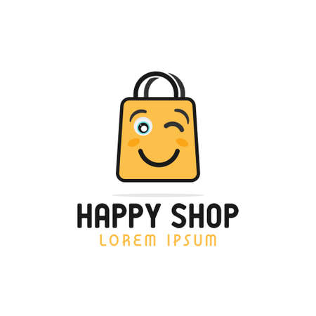 happy shop logo design,icon shopping bag and happy face logo,online shop logo,icon emblems,vector templateのイラスト素材