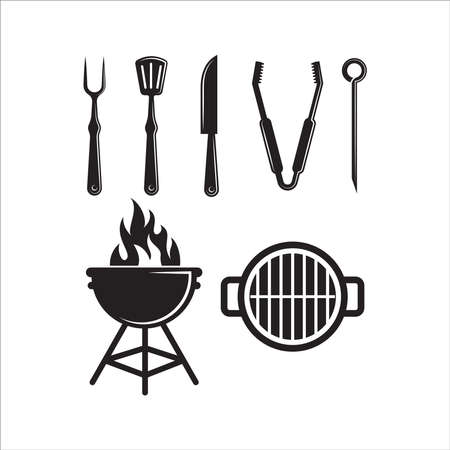 set of grills and smoke barbeque , butcher tools ,fire ,knife design elements for label, icon, emblems, badge vector templateのイラスト素材