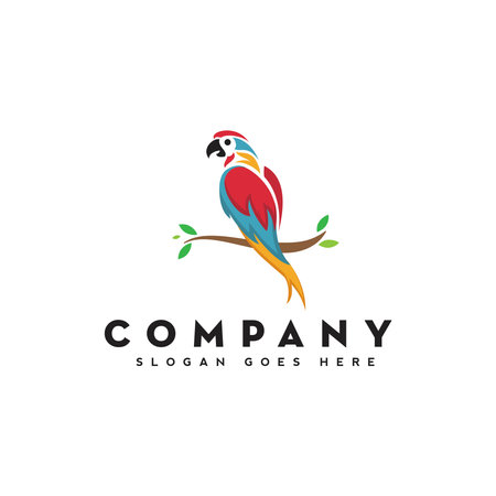 colorful bird logo design perched in branch, parrot logo, vector, templateのイラスト素材