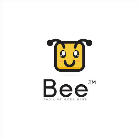 cute head bee logo design in rectangle, icon bee, honey bee, vector template modernのイラスト素材