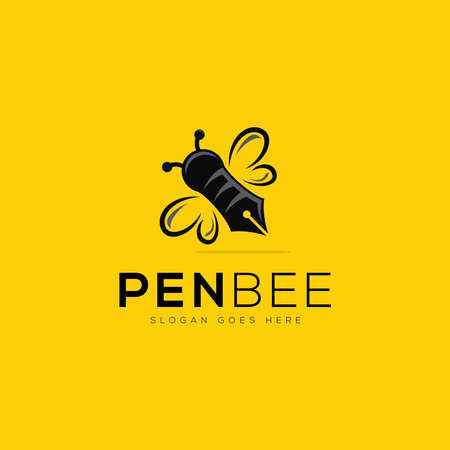 pen bee logo design, modern pen tools idea logo, simple conceptual logo, icon, vector template on yellow backgroundのイラスト素材
