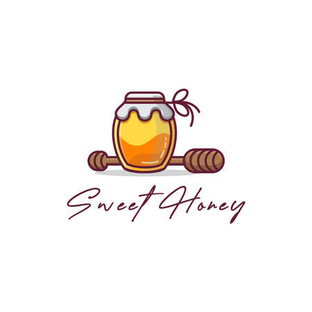 sweet honey jar and wooden dipper icon vector, sweet honey logo design, modern vector template in white backgroundのイラスト素材