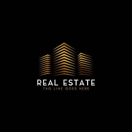 creative abstract golden city building logo design, luxury gold skyline logo concept, business real estate logo concept, elegant vector apartment templateのイラスト素材