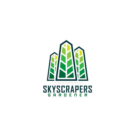 creative skyscrapers with leaf real estate logo design, modern eco city logo concept, building icon, vector templateのイラスト素材