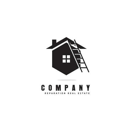 simple house with ladder logo design, creative business reparation real estate logo concept, black and white roofing repairs vector templateのイラスト素材