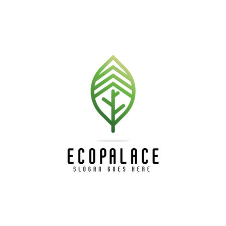 creative leaf with palace logo design in style line and outline, eco palace real estate logo concept, green palace icon vector templateのイラスト素材