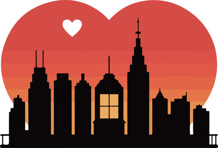 cityscape silhouette with heart on sunset background, vector illustration eps10のイラスト素材
