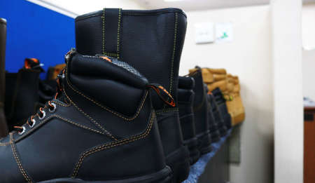 Men's black leather shoes in the store. Close-up.の写真素材