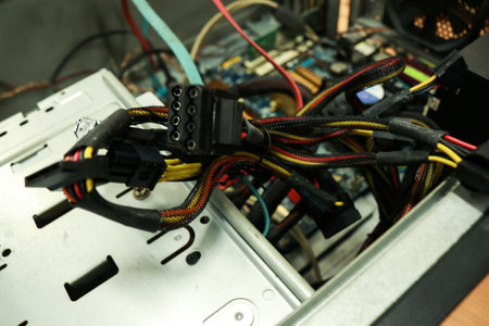 Close-up of a computer processor with many cables and wires.の写真素材