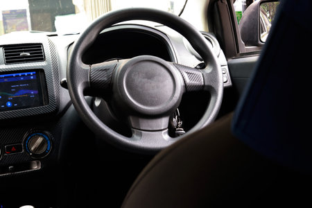 Interior of a modern car. Steering wheel, steering wheel and dashboard