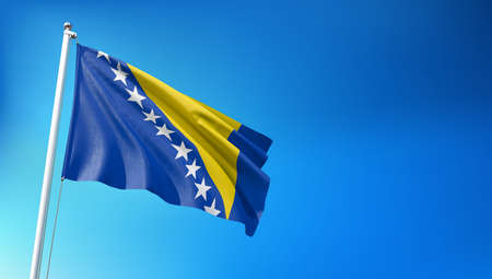 Bosnian Flag Flying on Blue Sky Background 3D Renderの写真素材