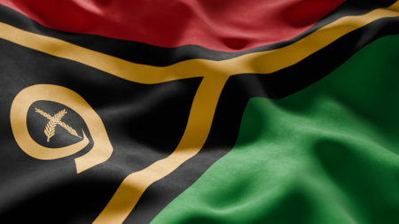 Close-up of Waving Vanuatu flag, suitable for patriotic designs, Independence Day celebrations, or travel materialsの写真素材