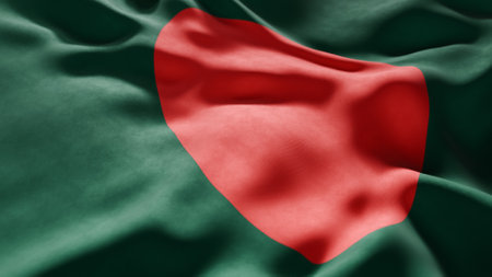 Close-up of Waving Bangladesh flag, suitable for patriotic designs, Independence Day celebrations, or travel materialsの写真素材