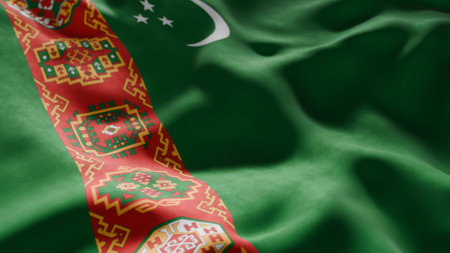 Close-up of Waving Turkmenistan flag, suitable for patriotic designs, Independence Day celebrations, or travel materialsの写真素材