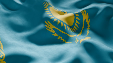 Close-up of Waving Kazakhstan flag, suitable for patriotic designs, Independence Day celebrations, or travel materialsの写真素材