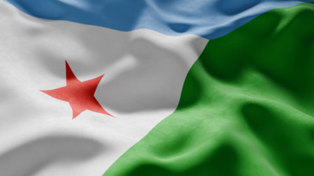 Close-up of Waving Djibouti flag, suitable for patriotic designs, Independence Day celebrations, or travel materialsの写真素材