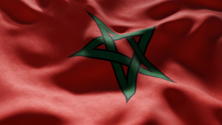 Close-up of Waving Morocco flag, suitable for patriotic designs, Independence Day celebrations, or travel materialsの写真素材