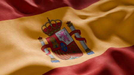Close-up of Waving Spain flag, suitable for patriotic designs, Independence Day celebrations, or...