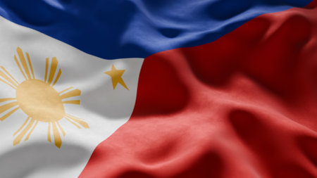 Close-up of Waving Philippines flag, suitable for patriotic designs, Independence Day celebrations, or travel materialsの写真素材