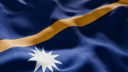 Close-up of Waving Nauru flag, suitable for patriotic designs, Independence Day celebrations, or travel materialsの写真素材