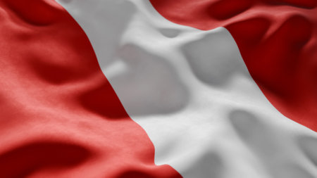 Close-up of Waving Peru flag, suitable for patriotic designs, Independence Day celebrations, or travel materialsの写真素材
