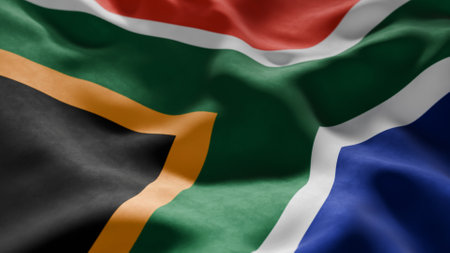 Close-up of Waving South Africa flag, suitable for patriotic designs, Independence Day celebrations, or travel materialsの写真素材