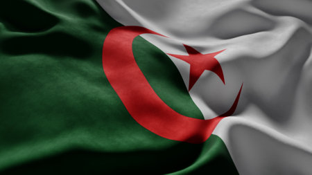 Close-up of Waving Algeria flag, suitable for patriotic designs, Independence Day celebrations, or travel materialsの写真素材