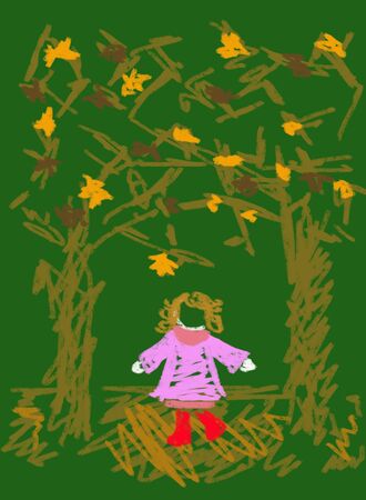 girl walking through autumn woodsの写真素材