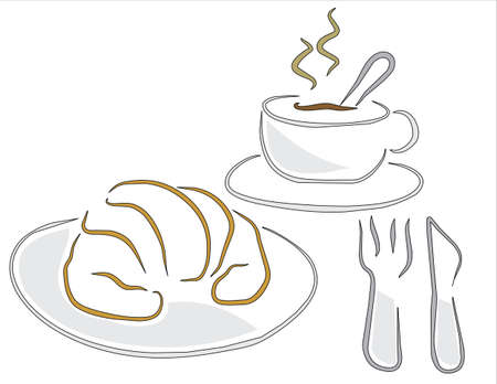 breakfast with a croissant and hot coffeeのイラスト素材