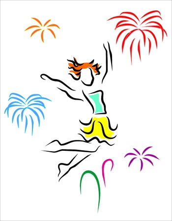 happy jumping girl with fireworks in the backgroundのイラスト素材