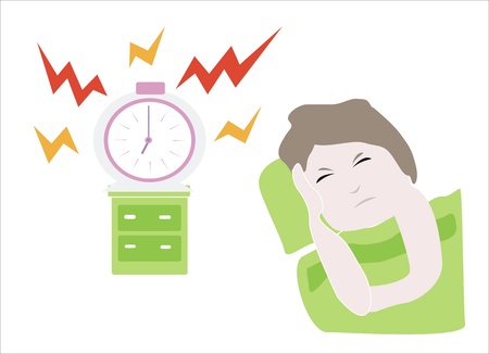 girl waking up with the horrible sound of the alarm clockのイラスト素材