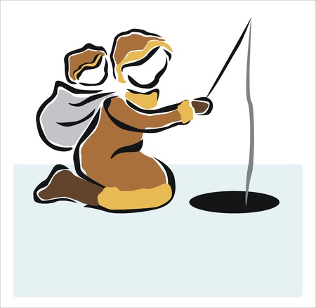 eskimo woman fishing in the iceのイラスト素材