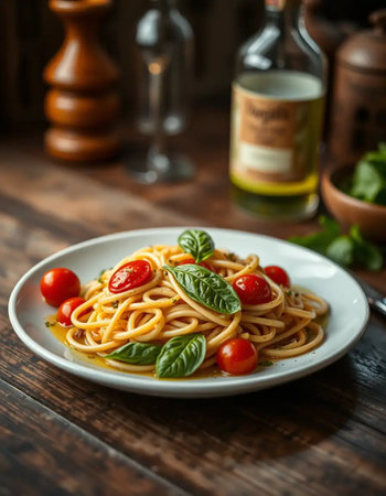 A gourmet close-up shot of a perfectly plated dish of artisanal pasta with fresh basil and cherry tomatoes, drizzled with olive oil, on a rustic wooden table. Warm, inviting lighting, shallow depth of fieldの素材