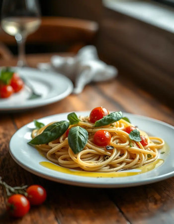 A gourmet close-up shot of a perfectly plated dish of artisanal pasta with fresh basil and cherry tomatoes, drizzled with olive oil, on a rustic wooden table. Warm, inviting lighting, shallow depth of fieldの素材