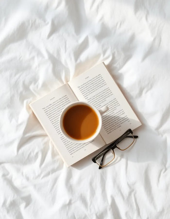 Start your day mindfully with this captivating image. Featuring two soothing hot drinks, an engaging book, and reading glasses artfully placed on a soft white bed. It's a visual representation of comfort, contemplation, and a slow, intentional beginning.の素材