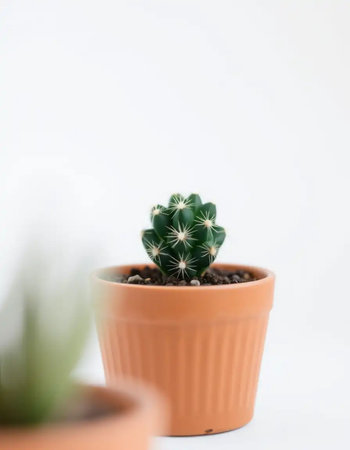 Mini cactus in a white pot isolated on a light background perfect for showcasing green decor or adding a touch of nature to any design.の素材