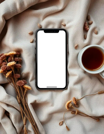 Elevate your UI/UX design showcase with this realistic smartphone mockup. The blank iPhone display provides ample space for your screenshots, enhanced by the complementary props: a simple tea cup and a decorative bouquet of dried foliage on a soft, draped textile.の素材