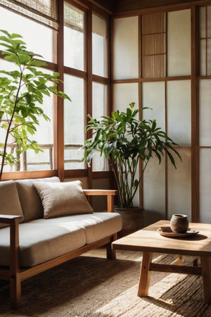 This serene interior embodies the popular Japandi style, blending Japanese minimalism with Scandinavian coziness. Sunlight subtly highlights the wooden framed windows and clean lines of the furniture, while potted plants add a vibrant touch of nature. An inviting rug and thoughtful decor elements complete this harmonious and tranquil living environment. Excellent for design portfolios, real estate, or any project emphasizing sophisticated simplicity.の素材