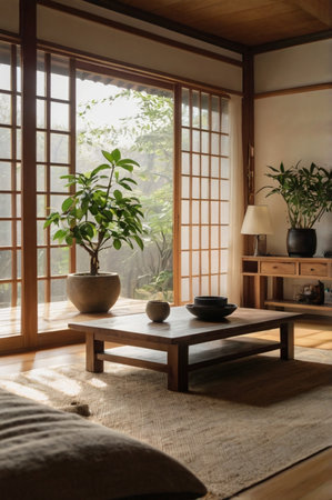 Discover the ultimate cozy and Zen-inspired living space, characterized by abundant natural light that illuminates the rich wooden textures and simple, elegant decor. A large houseplant adds a touch of freshness, complementing the earthy tones and clean aesthetic. Ideal for themes of wellness, mindful living, modern architecture, or creating a peaceful home ambiance.の素材