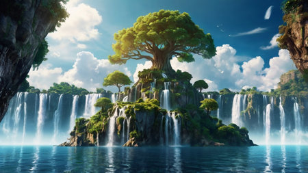 A breathtaking fantasy landscape featuring a colossal floating island in the sky, adorned with majestic waterfalls cascading into turquoise pools below. A grand, ancient tree stands as the centerpiece, surrounded by vibrant flora and delicate bridges connecting smaller islets. This magical scene evokes wonder, tranquility, and an otherworldly beauty. Ideal for gaming backgrounds, book covers, fantasy art, or inspiring digital concepts.の素材