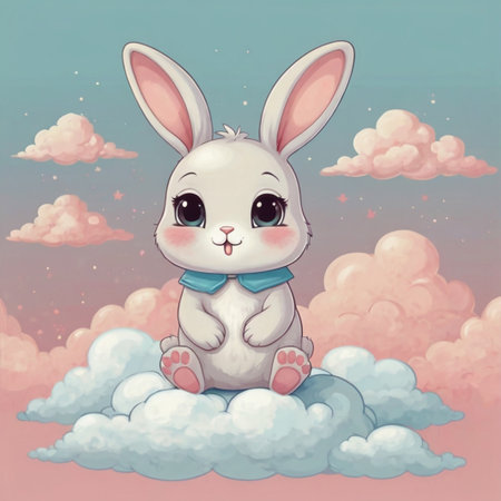 A delightful kawaii-style bunny illustration that radiates cuteness and joy. The character features prominently with its large, expressive eyes and soft pastel coloring, set against a dreamy backdrop of pink and blue clouds. This whimsical image is perfect for various applications, including digital stickers, social media graphics, clothing prints, or unique gifts for animal lovers.の素材