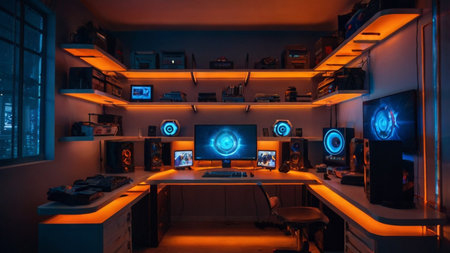 Futuristic gamer workspace with clean desk, widescreen monitor, glowing orange and blue ambient light, organized shelves, high-tech atmosphereの素材