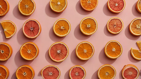 A modern minimalist food composition showing sliced oranges arranged in a clean geometric pattern on a pastel background.の素材