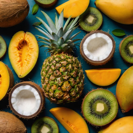 A colorful flat lay of tropical fruits including mango, pineapple, coconut, and kiwi on a clean modern background. Perfect for healthy lifestyle, diet, and food projects.A colorful flat lay of tropical fruits including mango, pineapple, coconut, and kiwi on a clean modern background. Perfect for healthy lifestyle, diet, and food projects.の素材