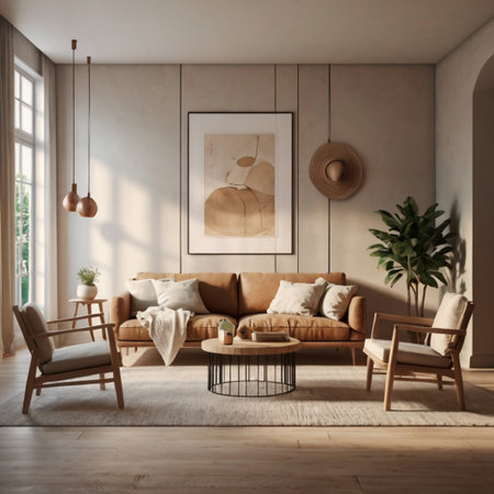 A cozy minimalist living room with Scandinavian design, featuring neutral colors, natural sunlight, wooden furniture, and modern home decor. Perfect concept for lifestyle, home design, and interior inspiration.の素材
