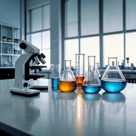A bright science laboratory desk neatly arranged with beakers, test tubes, and a microscope on a white counter. Perfect for academic, research, and educational projects.の素材