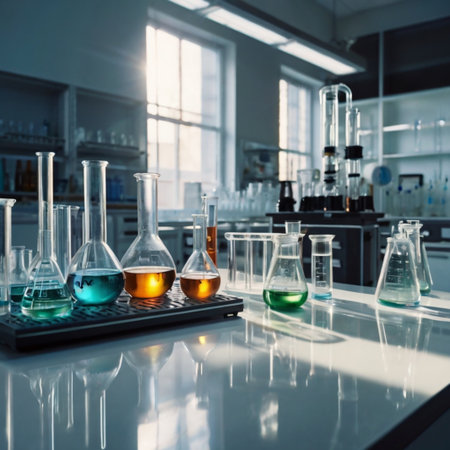A bright science laboratory desk neatly arranged with beakers, test tubes, and a microscope on a white counter. Perfect for academic, research, and educational projects.の素材